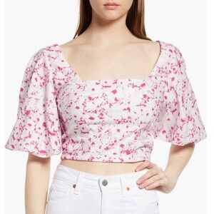 Open Edit Puff Sleeve Linen Blend Crop Top